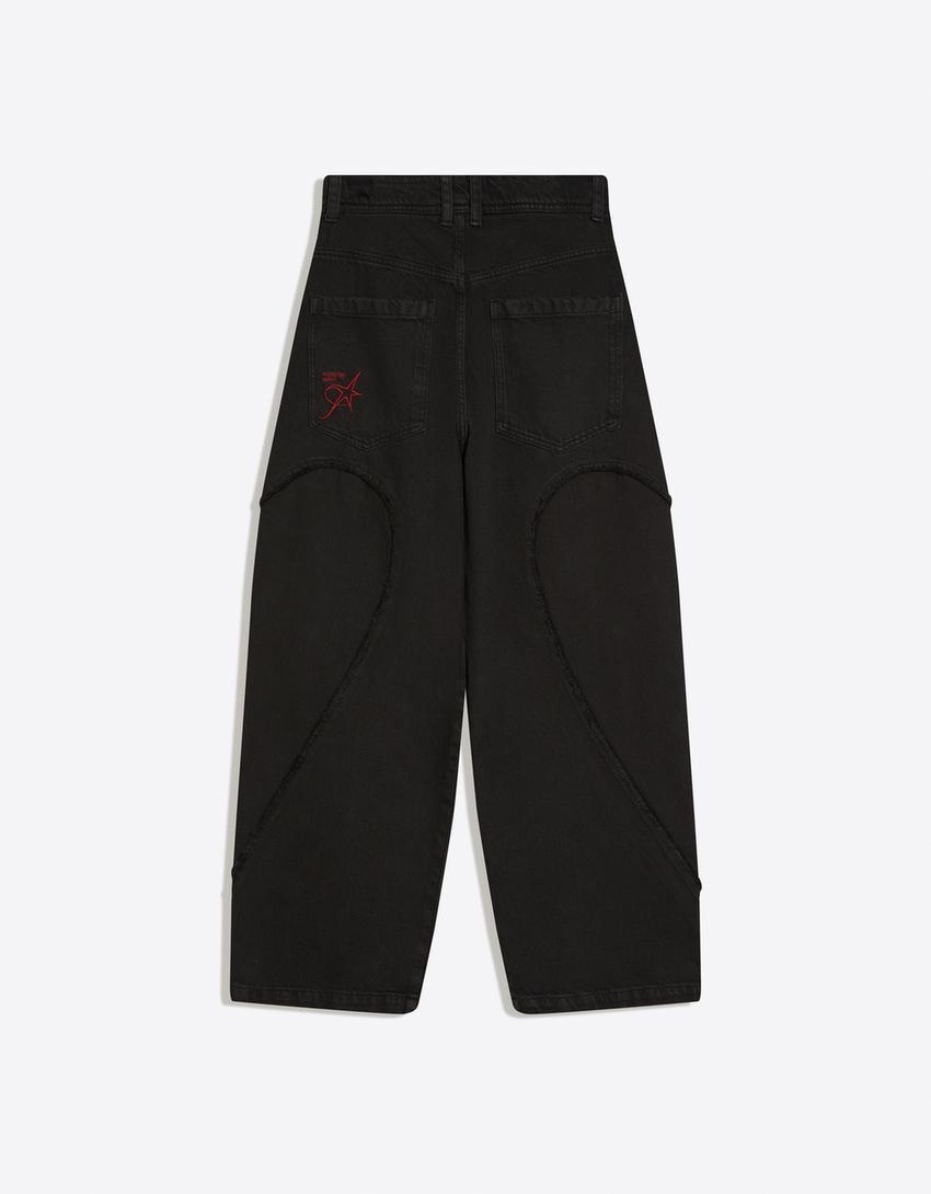 Pantaloni super baggy fit ricamati-Nero