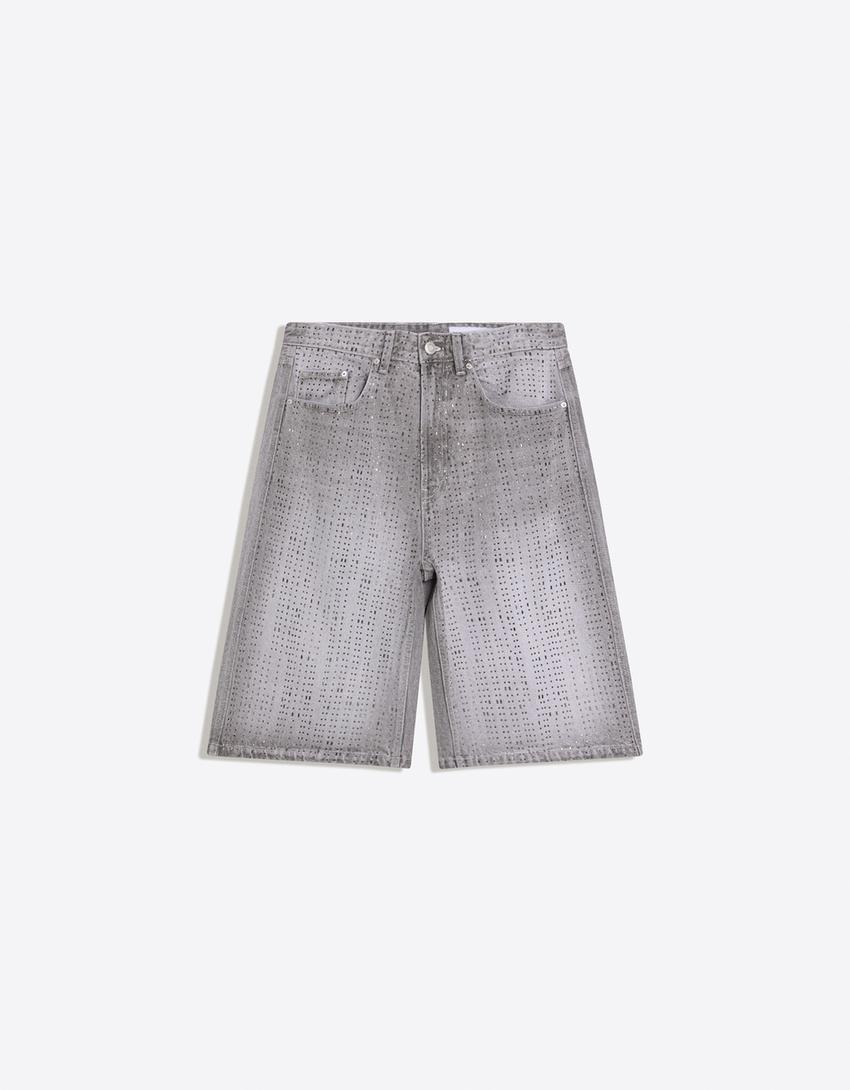 Baggy Bermuda shorts with studs-Grey