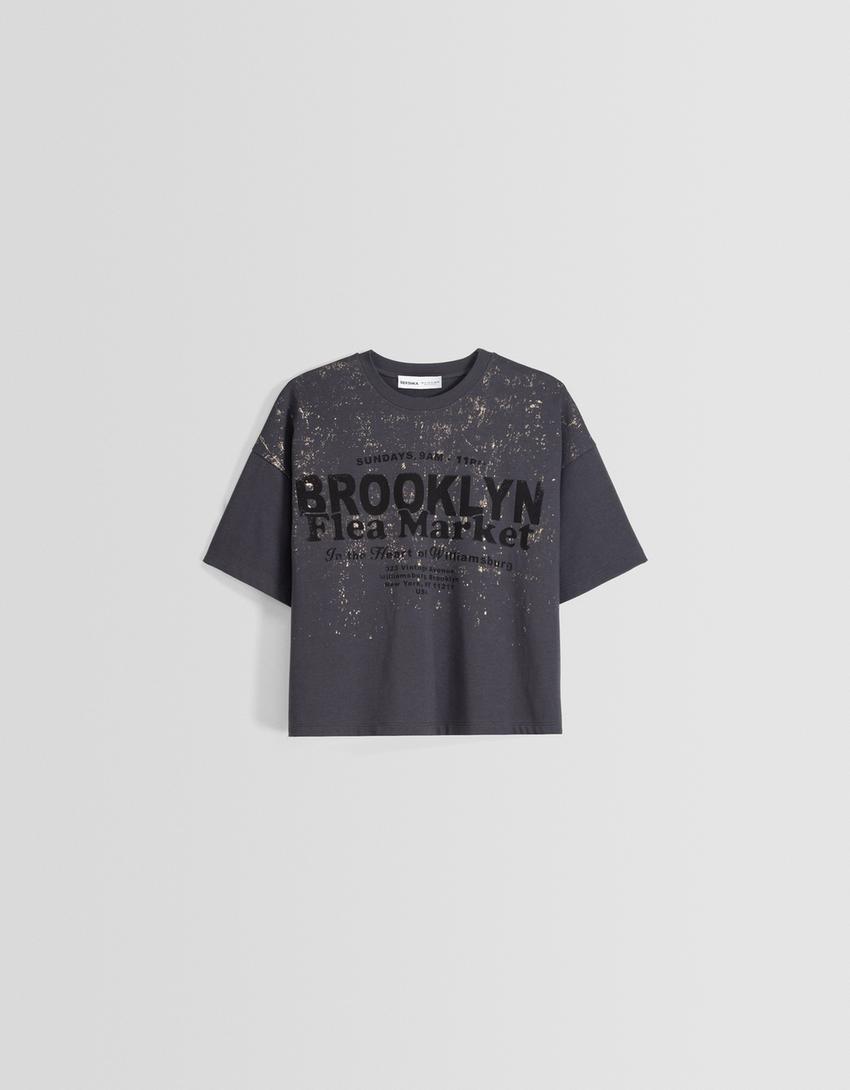 Short sleeve oversize T-shirt with metallic print-Dark grey-4