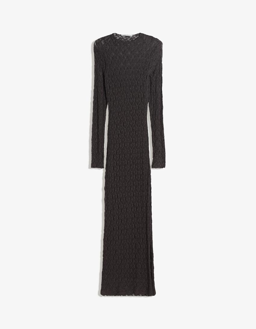 Vestido midi manga comprida renda-Cinzento-escuro