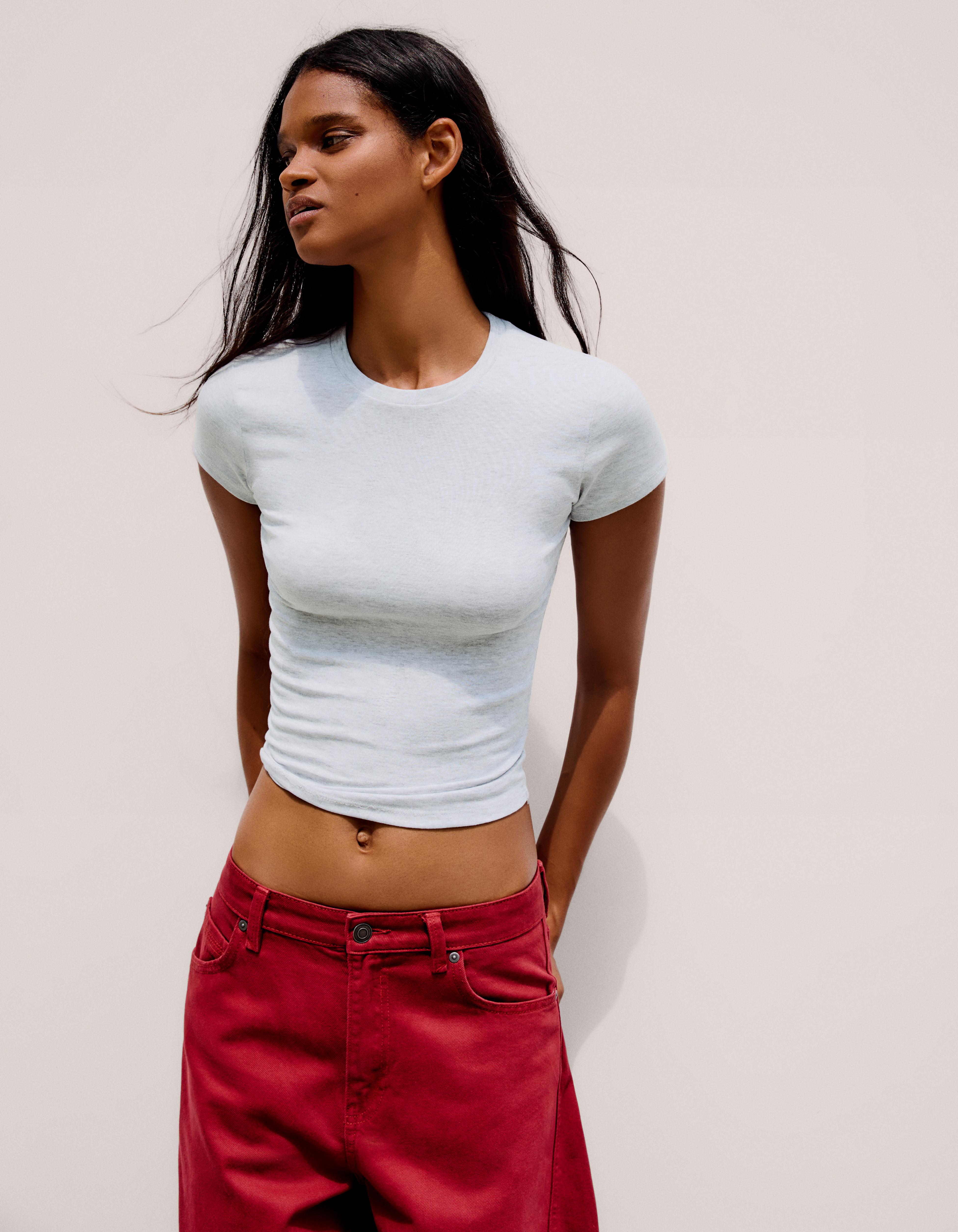Bershka Camiseta Manga Corta Cuello Redondo Mujer Xs Gris