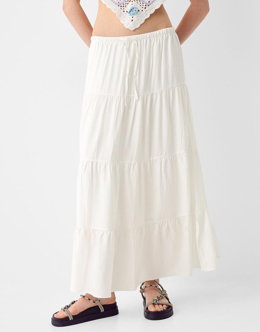 Midi skirt with elastic waist-White-1