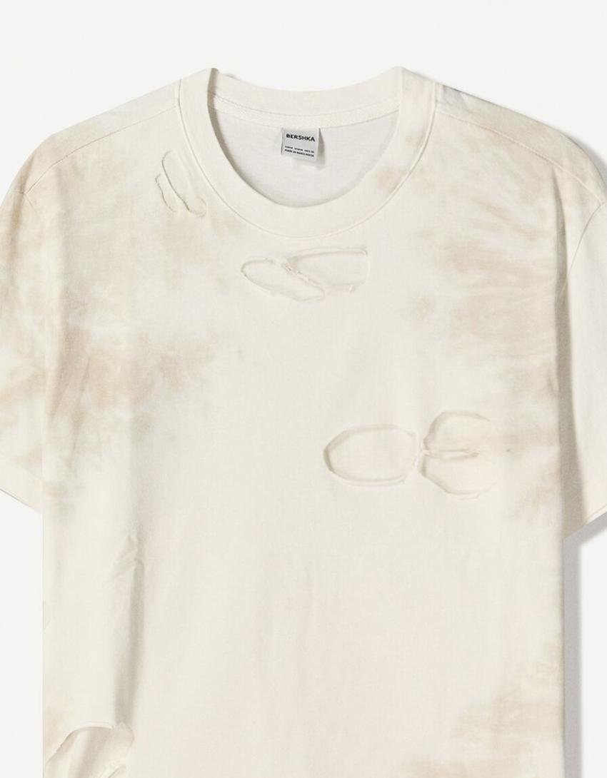 Faded ripped short sleeve T-shirt-Beige-2