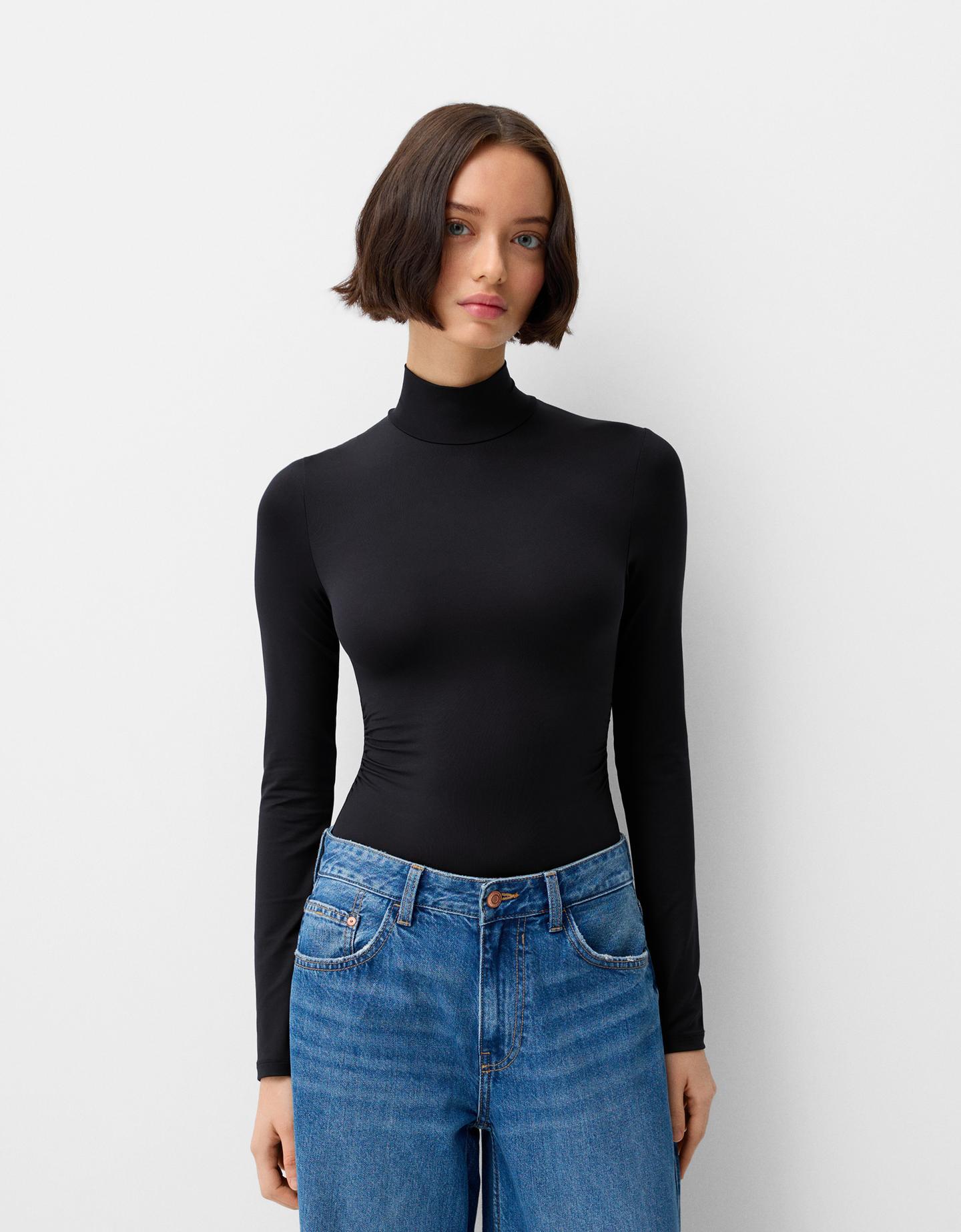 Bershka Body Manga Larga Cuello Subido Mujer S Negro