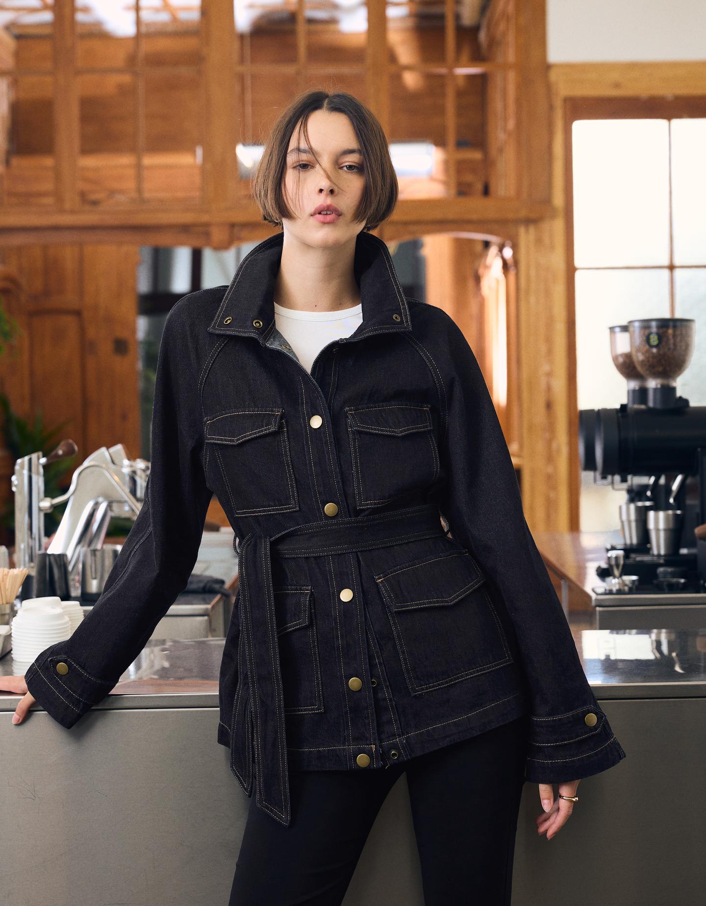 Bershka kurtka denim z paskiem granatowy
