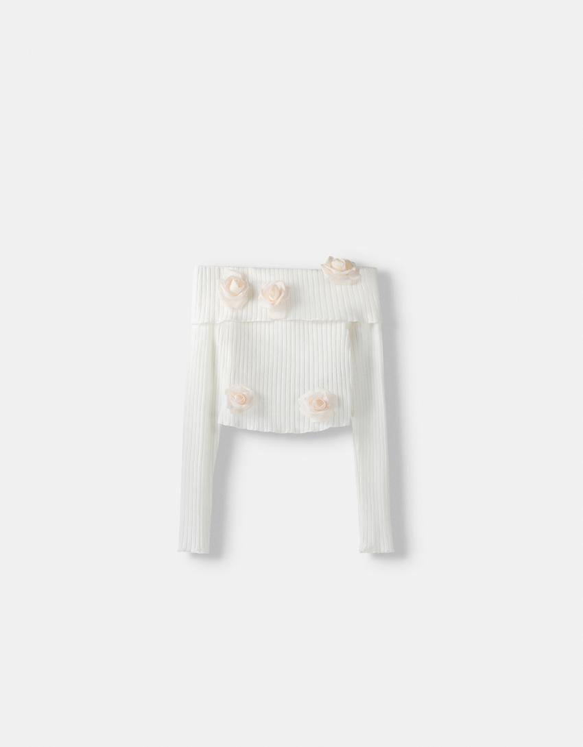 Ribbed long sleeve Bardot T-shirt-Cream-5