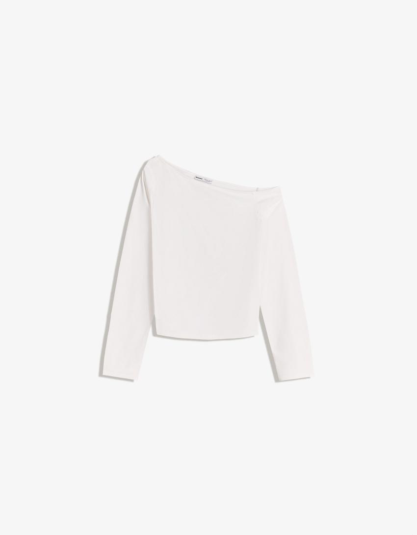 Langarmshirt mit asymmetrischem Kragen-Grbrochenes Weiss