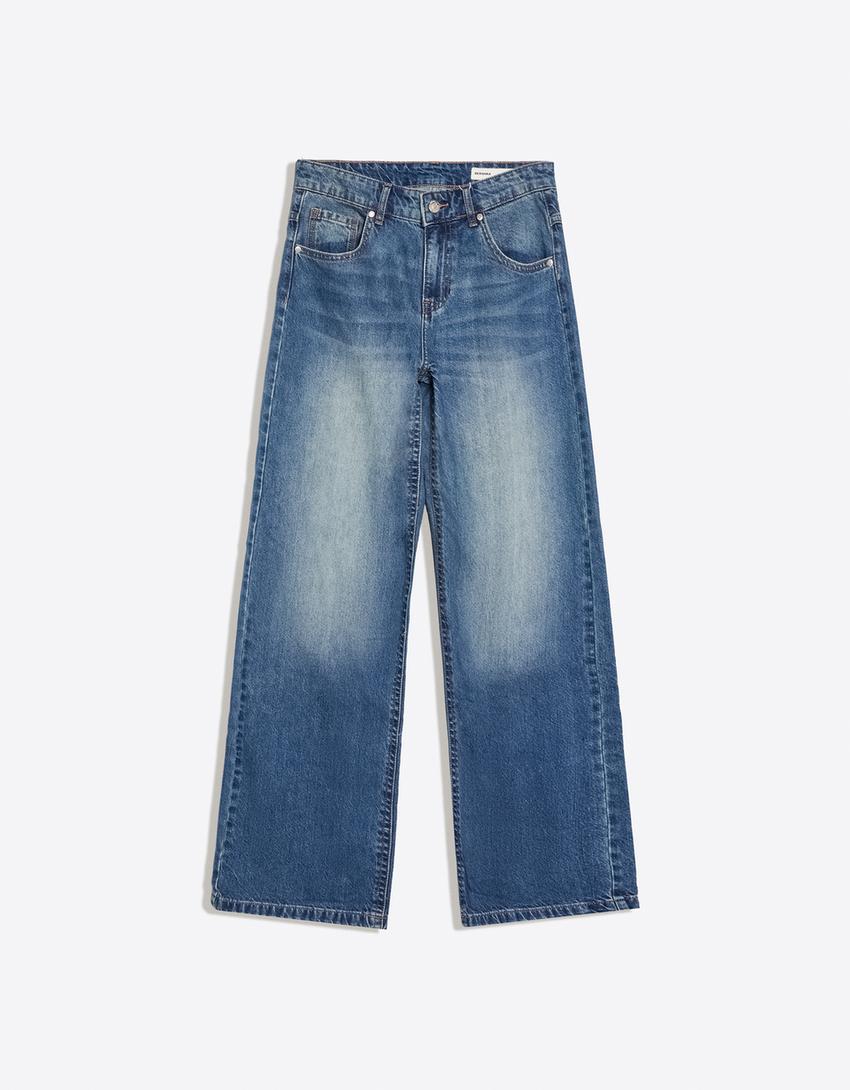Embroidered baggy jeans-Light blue