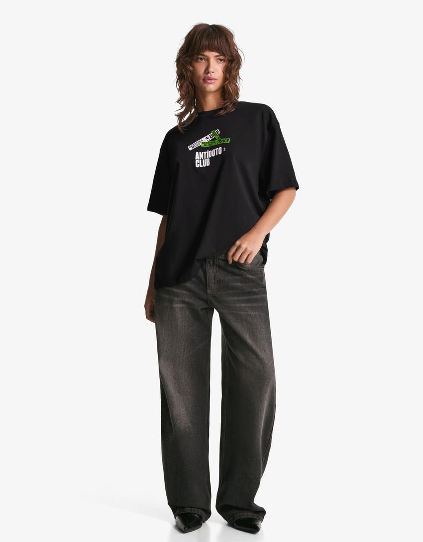 T-shirt Bershka Music DICE manga curta estampado-Preto