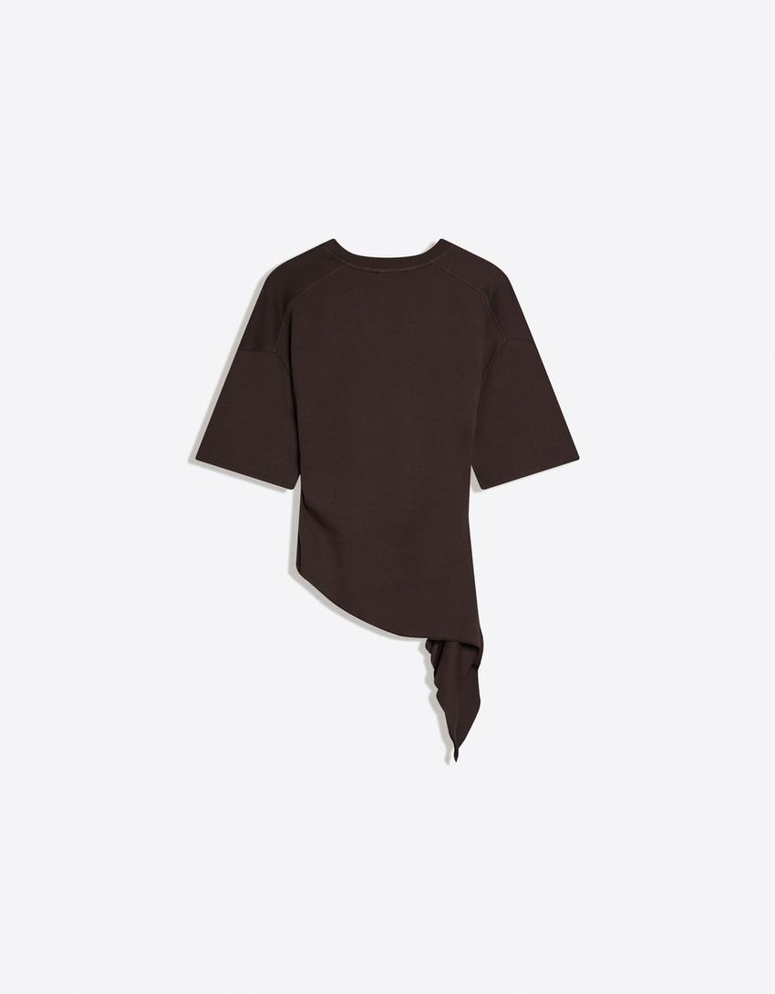 Short sleeve T-shirt with gathering-Brown