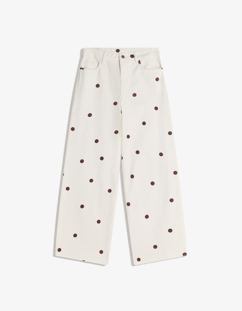 Jeans wide leg à pois-Écru