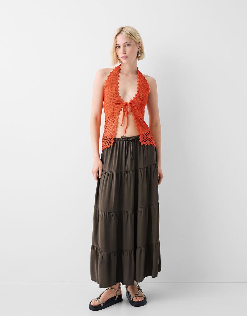 Midi skirt with elastic waist-Brown-0