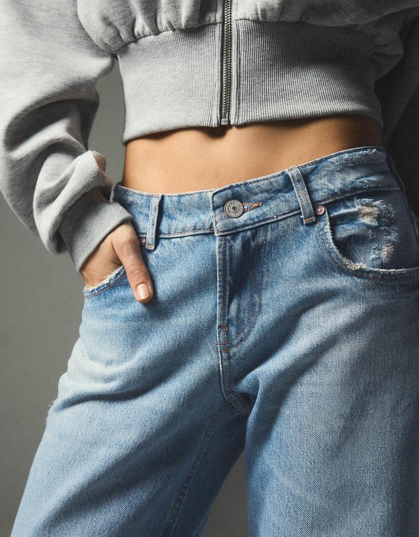 Orta bel straight jean-Açık mavi