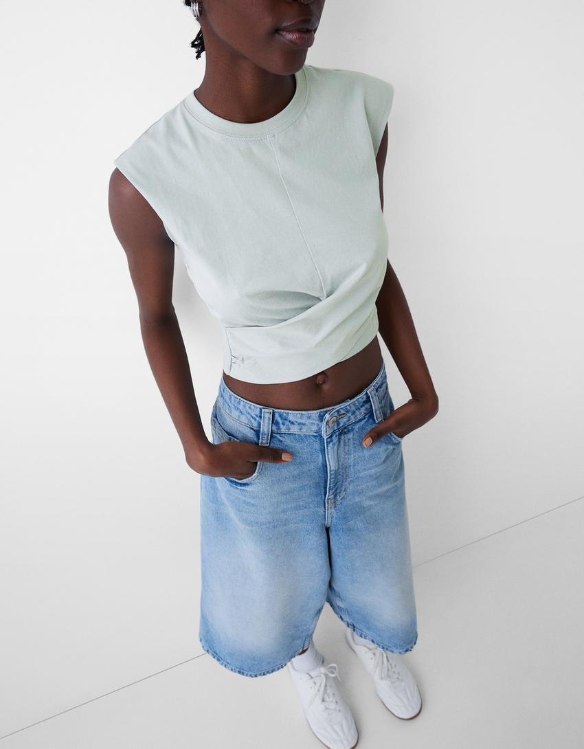 Sleeveless T-shirt with crossover front-Light blue-2