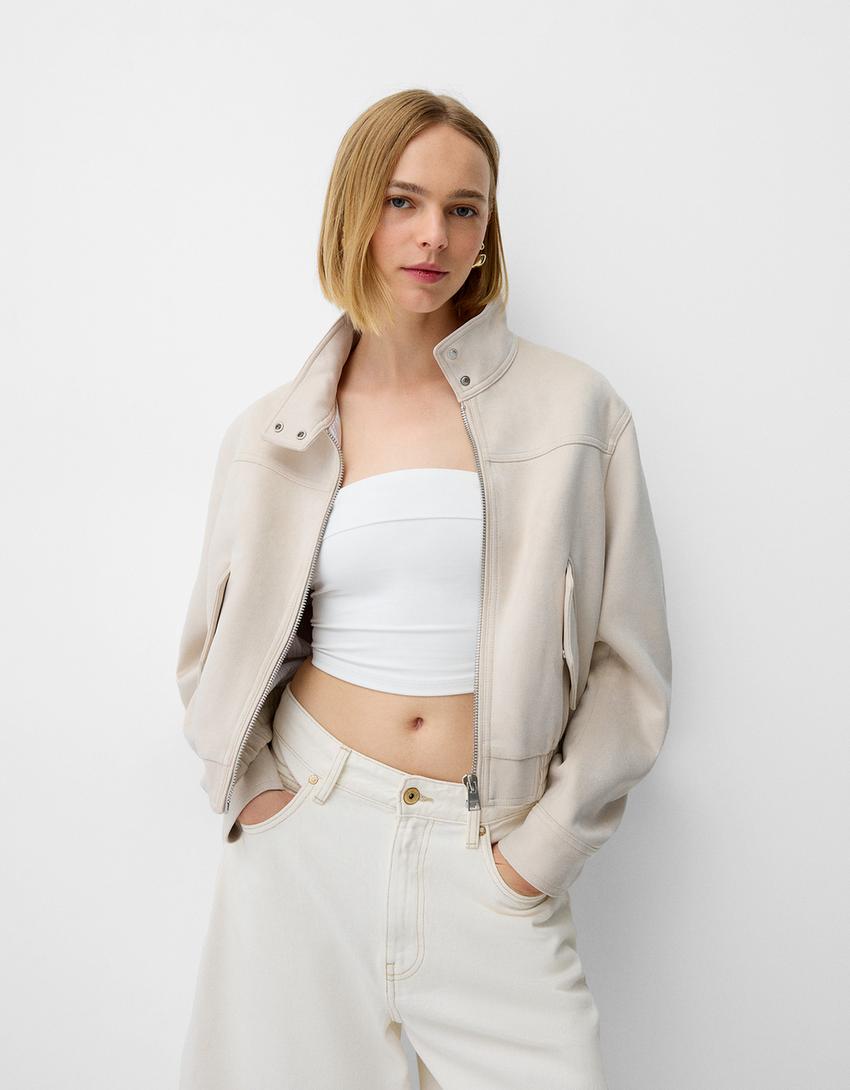 جاكيت من الجلد السويدي الصناعي-كريمي-1