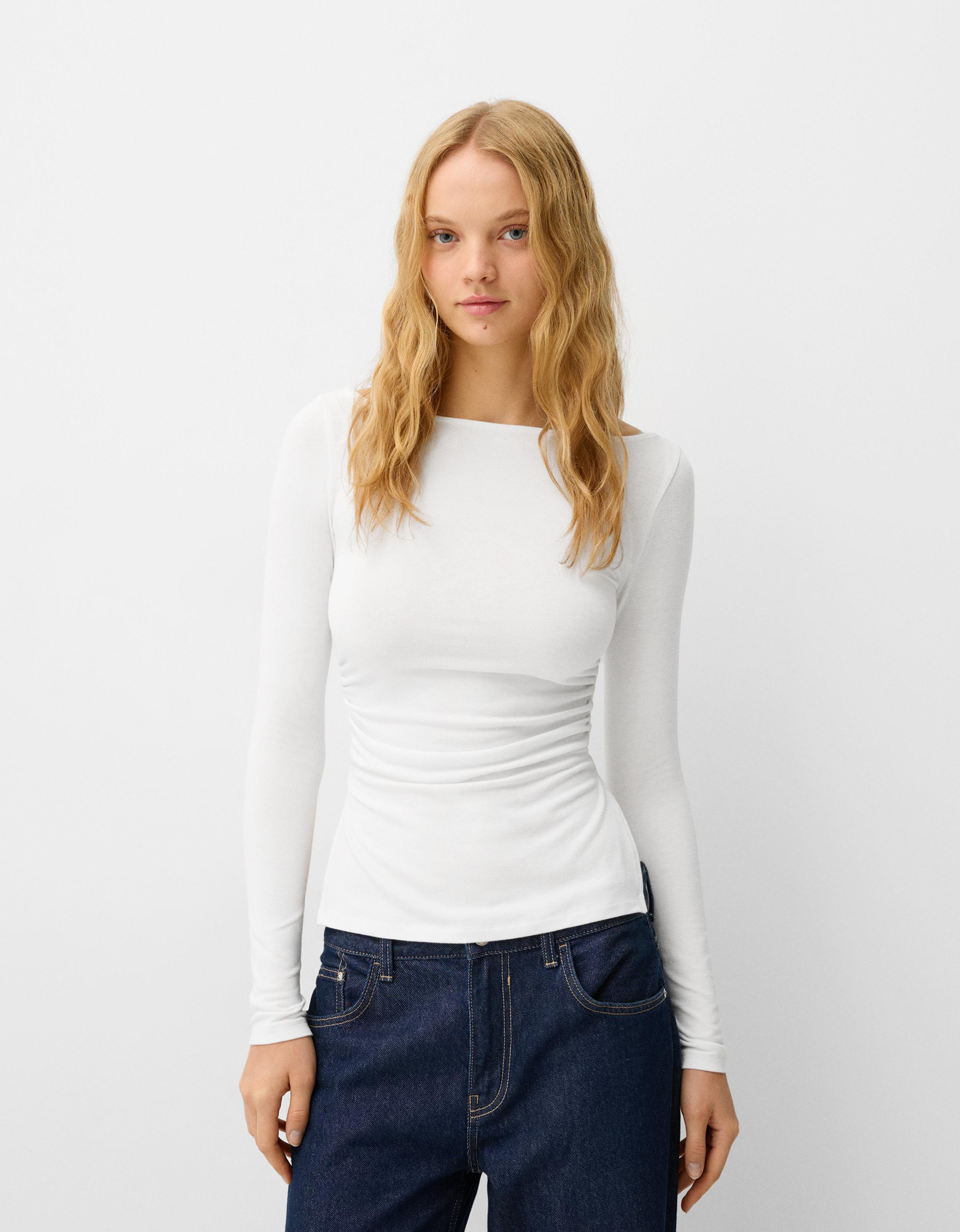 Bershka Langarmshirt Mit Raffung Damen Xs Rohweiß