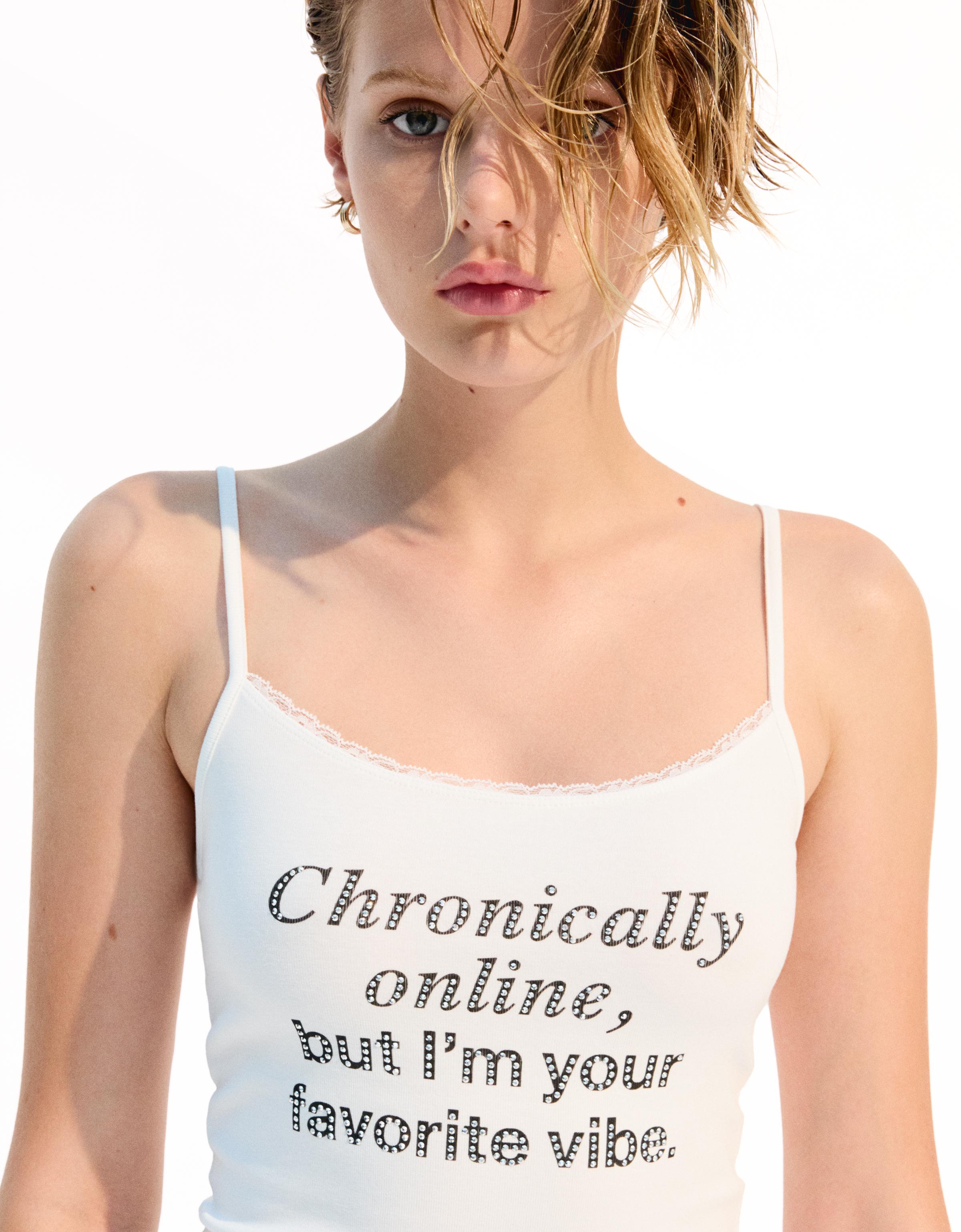 Bershka Trägertop Mit Print Und Strass Damen Xs Grbrochenes Weiss