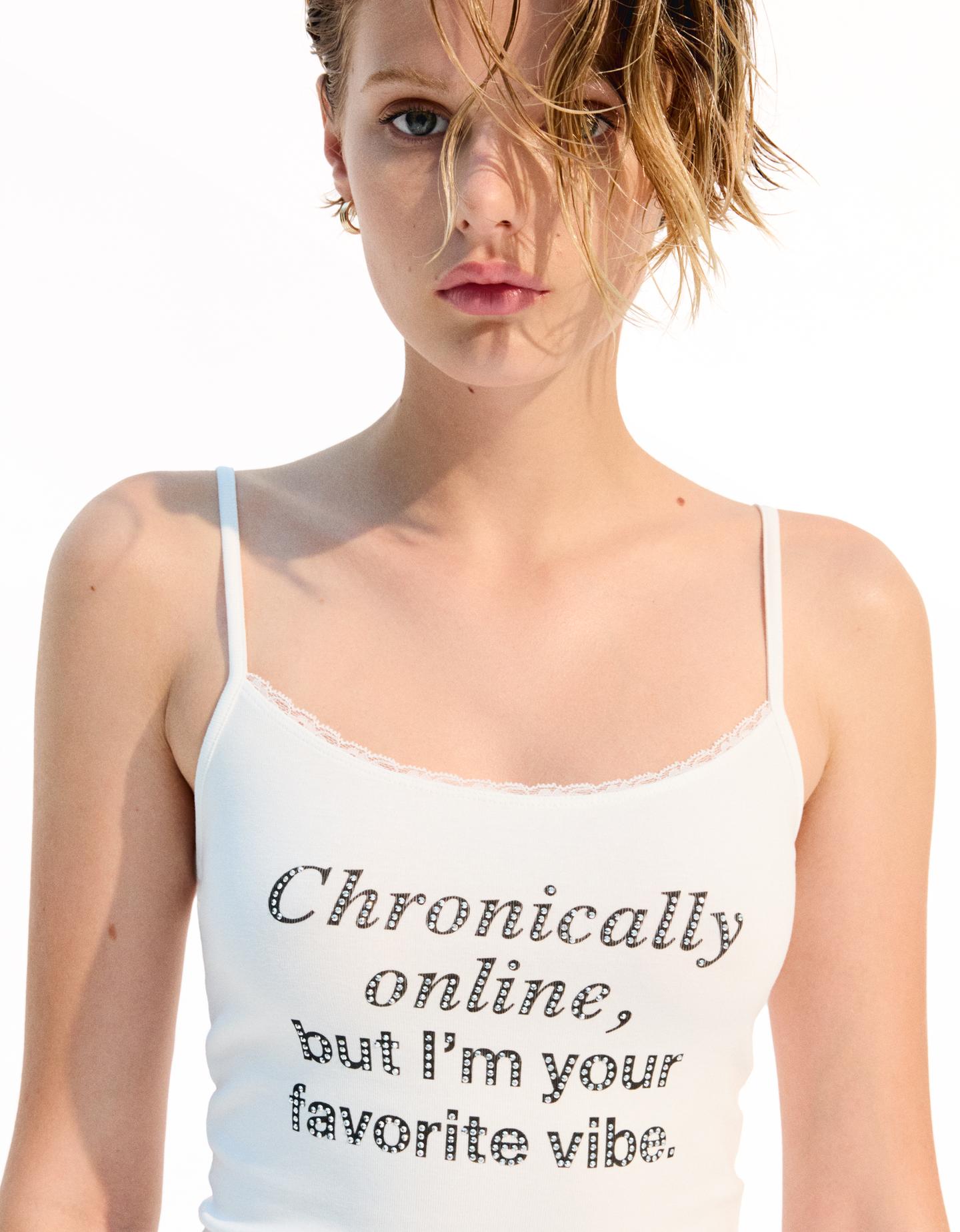 Bershka Top Tirantes Print Strass Mujer Xs Blanco Roto