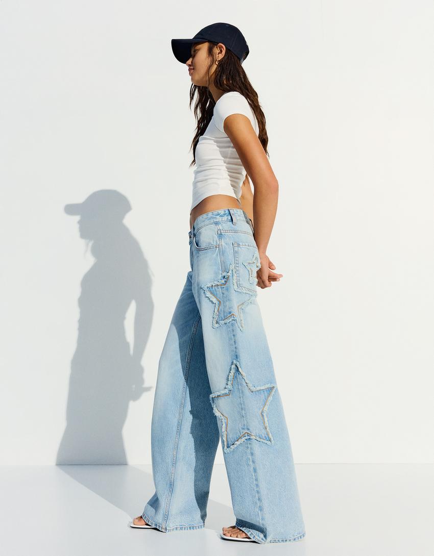 Low-rise boyfriend jeans with stars-Light blue