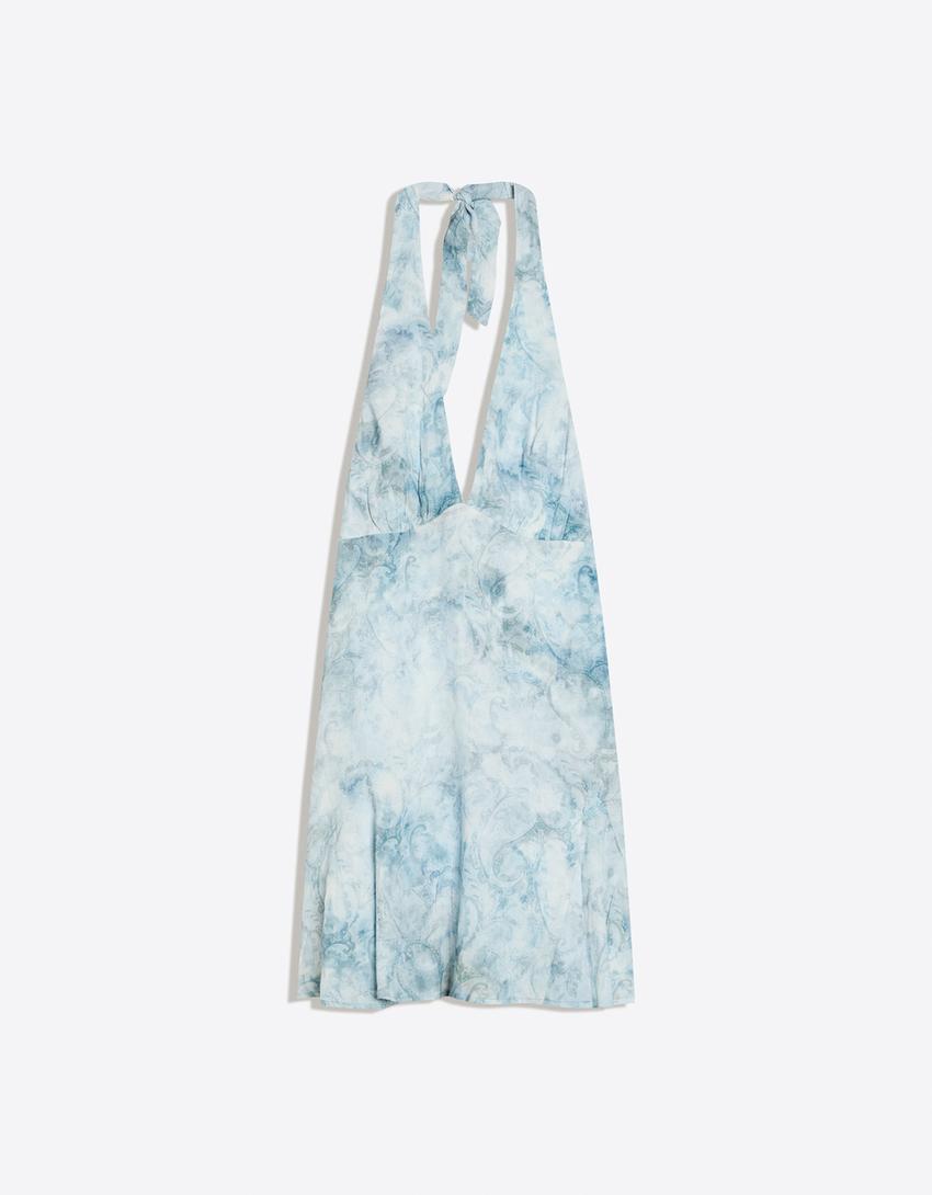 Robe mini imprimée encolure américaine-Bleu