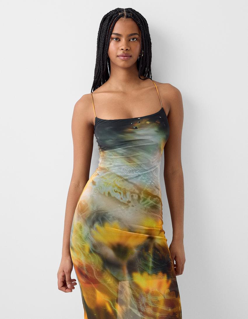 Strappy tulle midi dress-Yellow