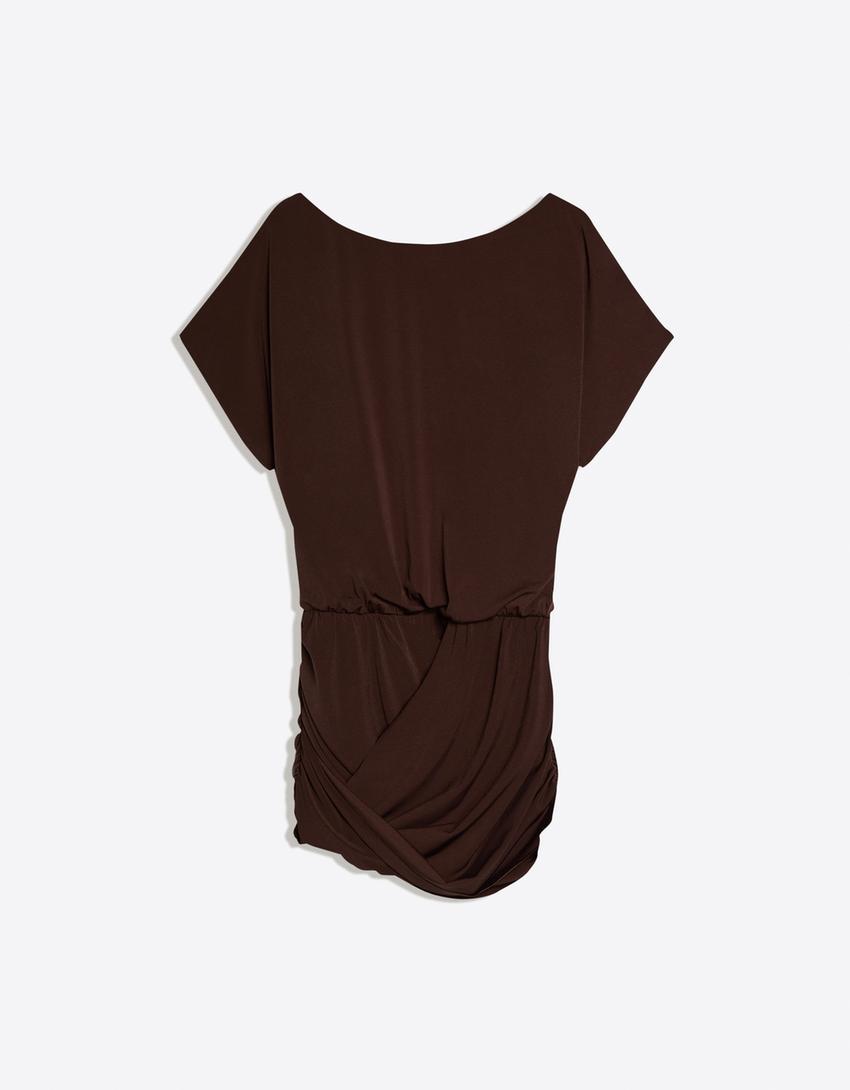 Vestido espalda abierta falda drapeada-Marrón