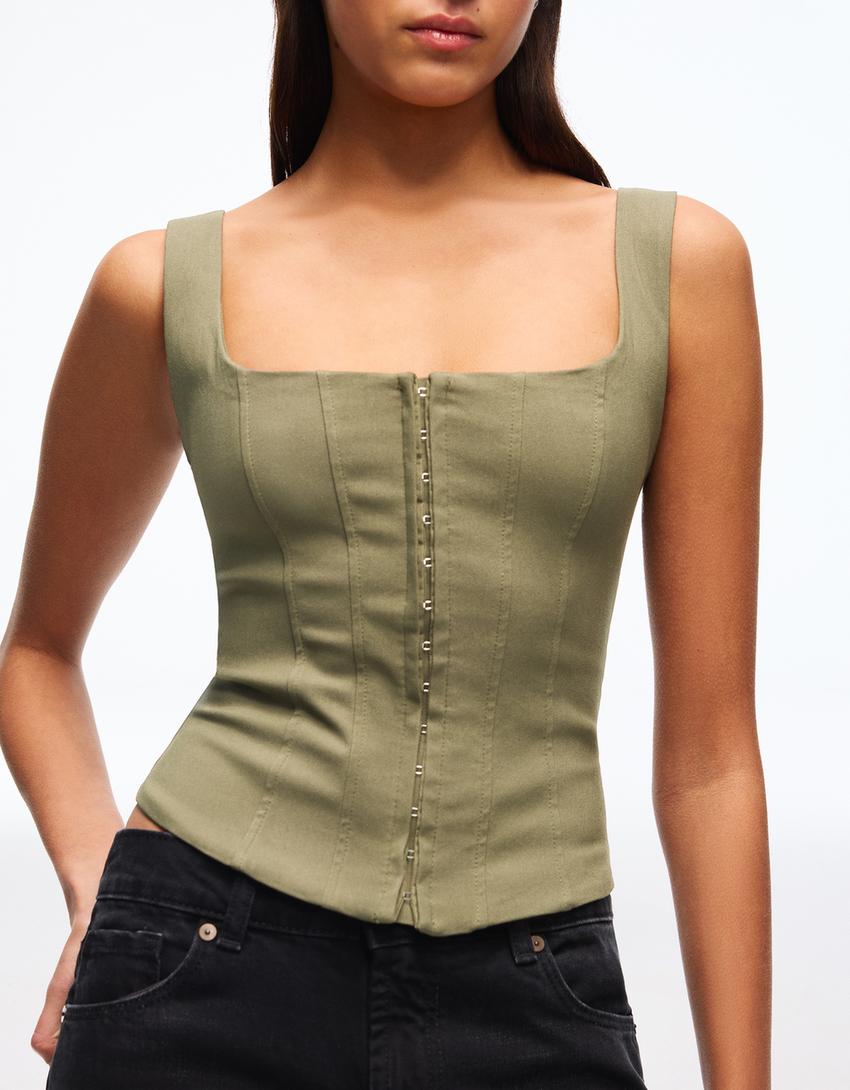 Corsetry-inspired bengaline top-Khaki