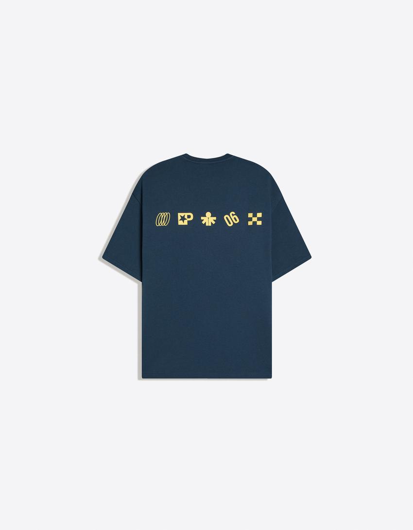 Camiseta manga corta felpa print-Azul