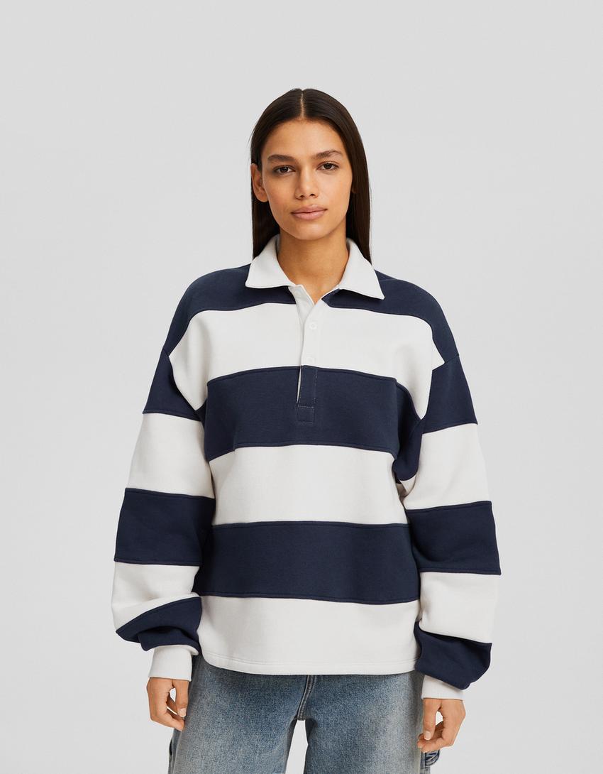 Striped polo collar sweatshirt-Beige