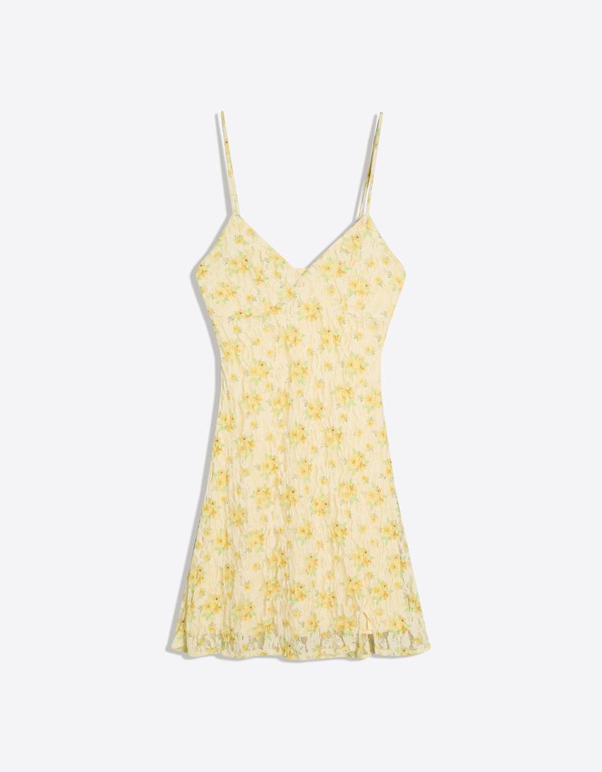 Lace floral mini dress-Yellow