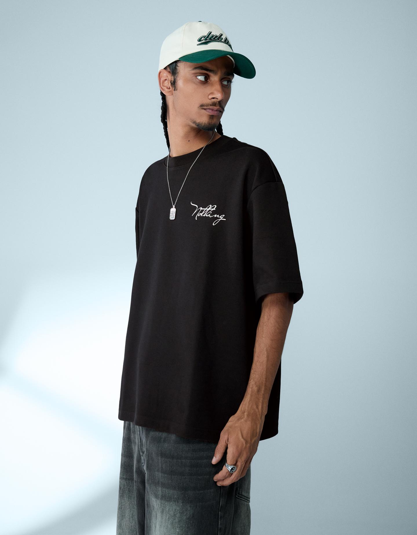 Bershka Camiseta Felpa Manga Corta Print Hombre Negro
