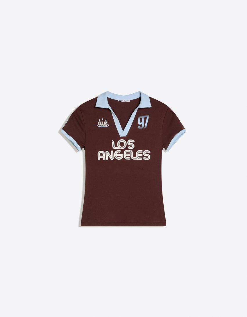 Short sleeve polo collar print T-shirt-Brown