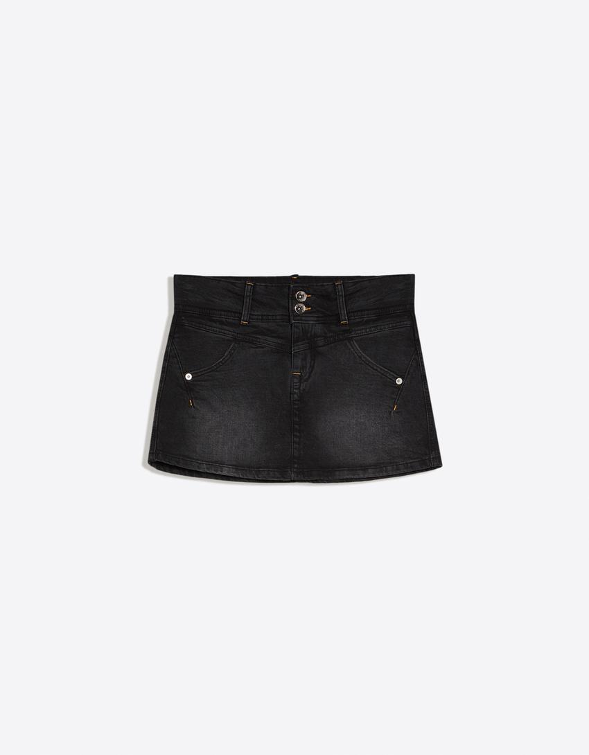Falda pantalón denim-Negro
