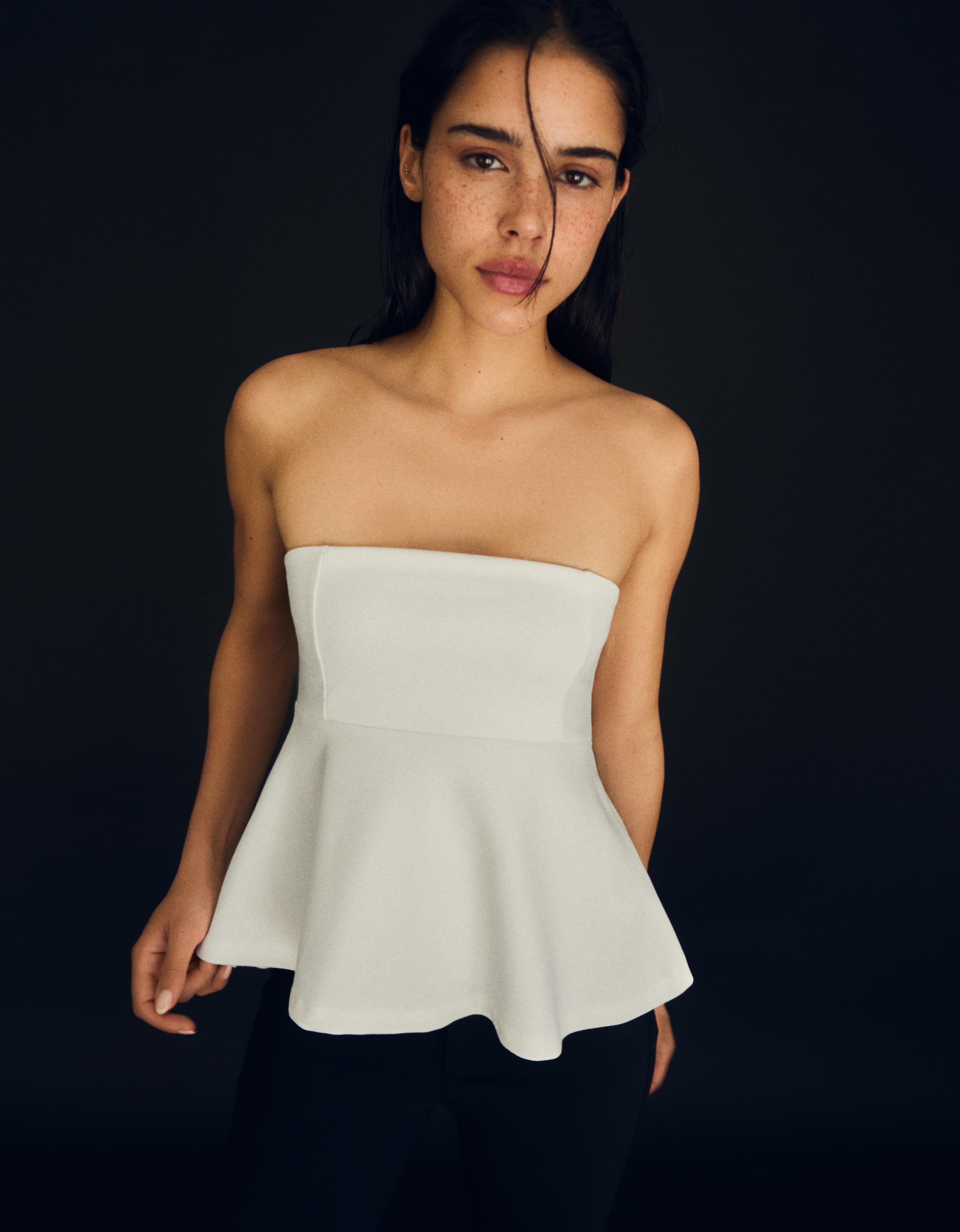 Bershka Top Bandeau Peplum Mujer Blanco Roto