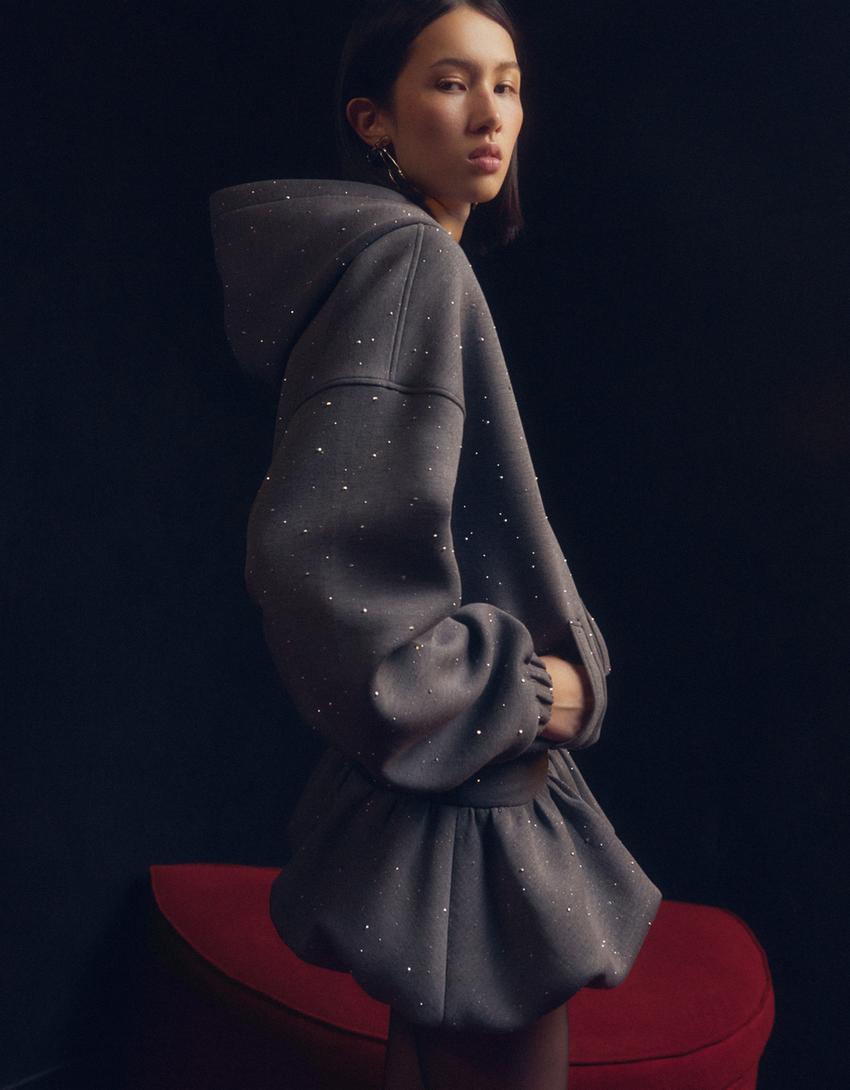 Shimmery neoprene-effect hoodie-Dark grey