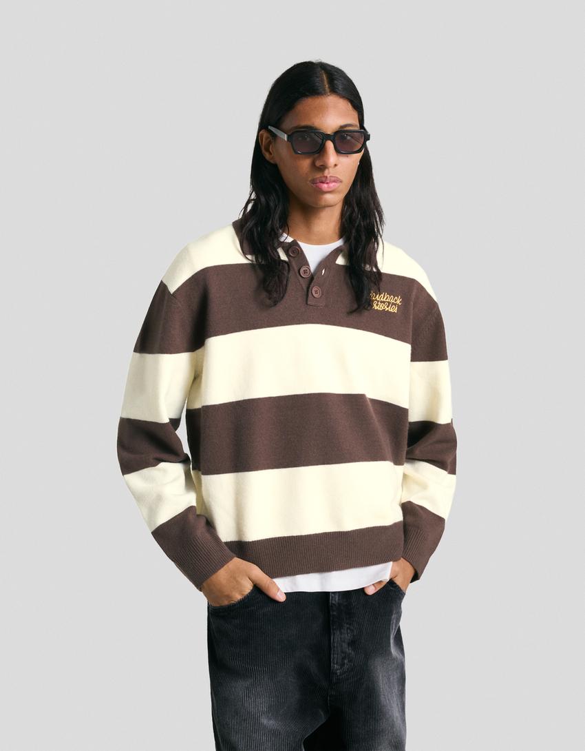 Polo collar sweater with stripes-Brown