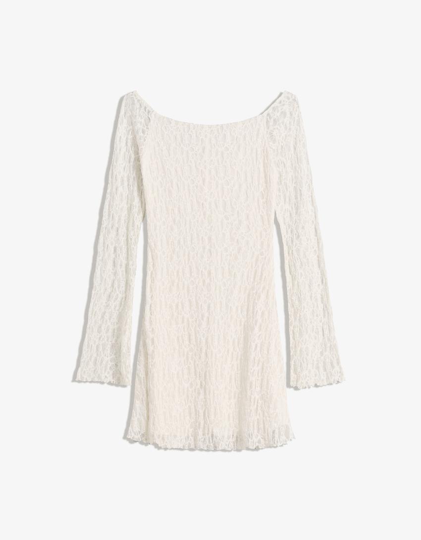 Vestito mini Bardot in pizzo-Avorio-3