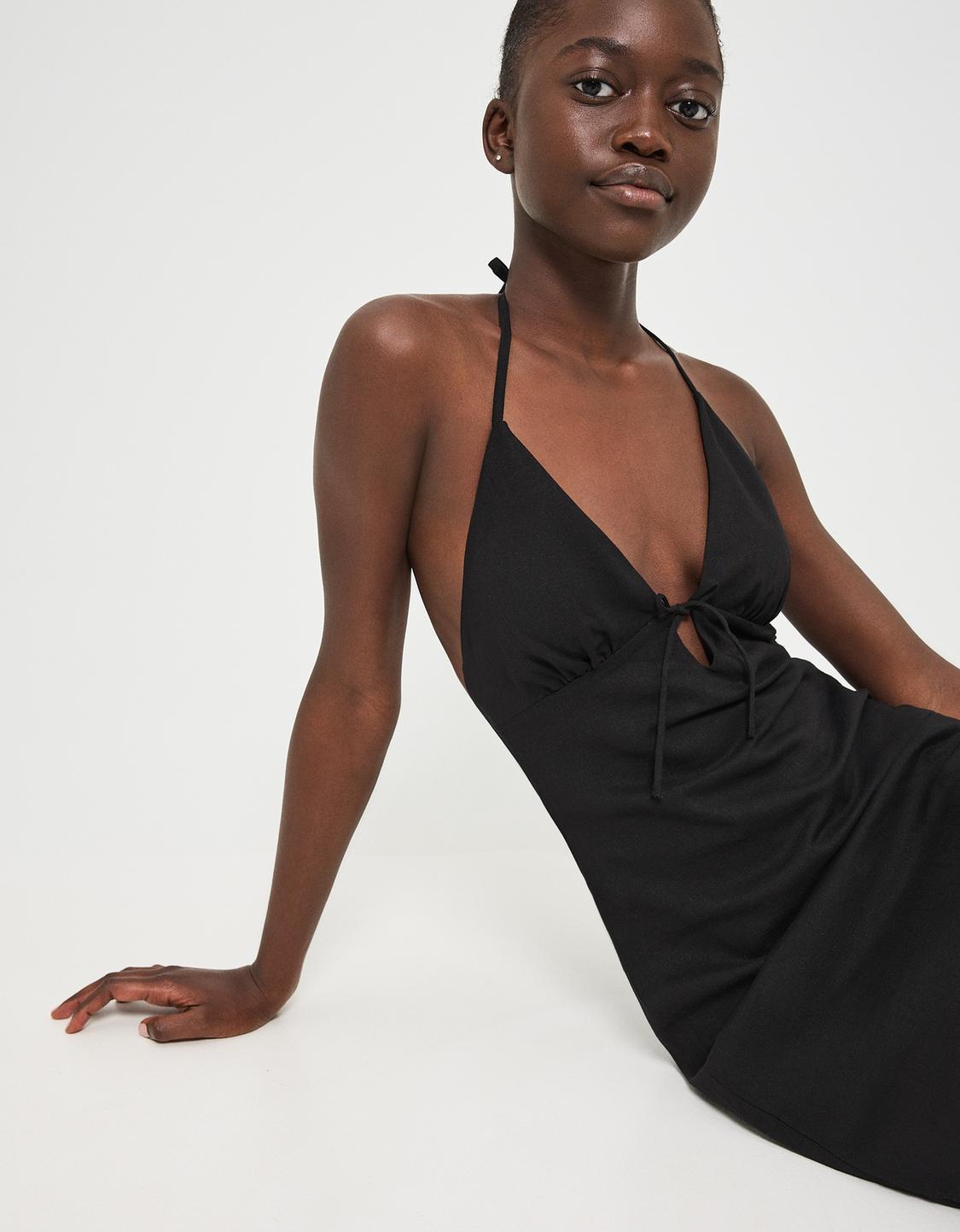 Linen blend halter midi dress with tie detail