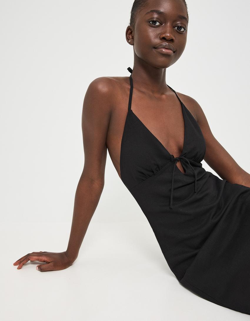 Robe midi avec lin, encolure américaine et nœud-Noir-0