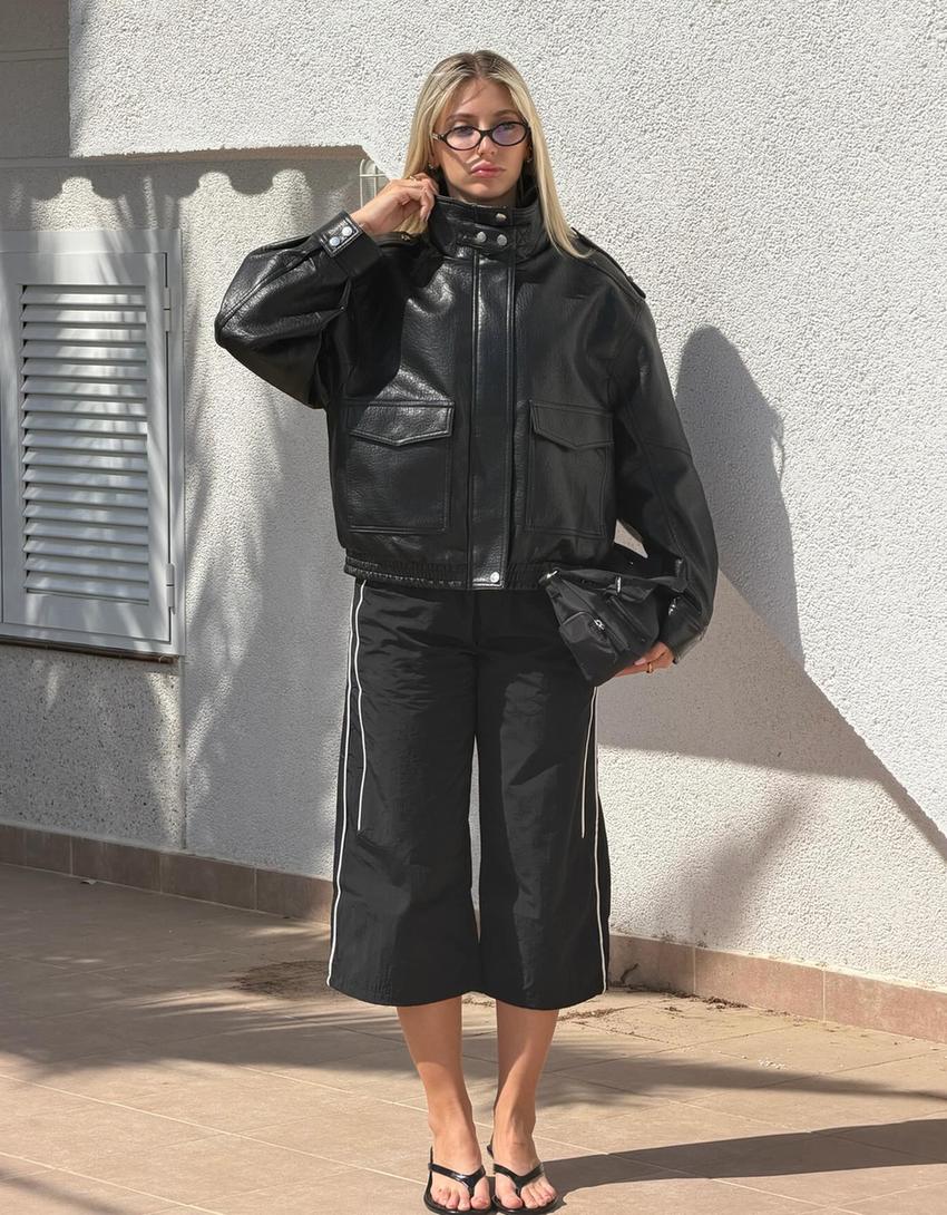 Leather effect funnel neck jacket-Black