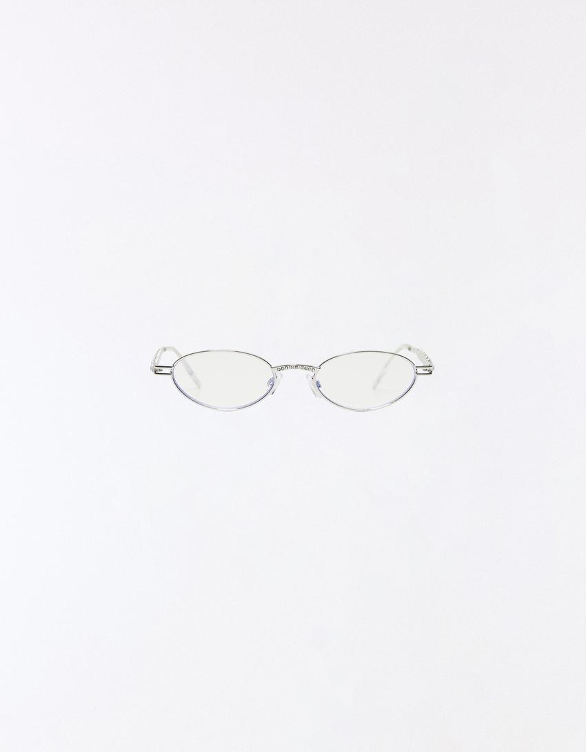 Rhinestone temple blue light filter glasses-White