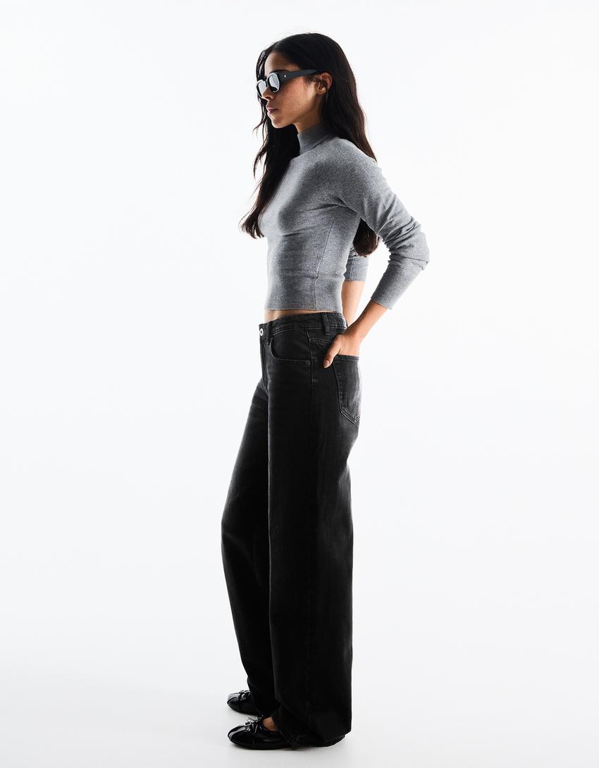 Yüksek bel straight fit geniş paça jean-Siyah