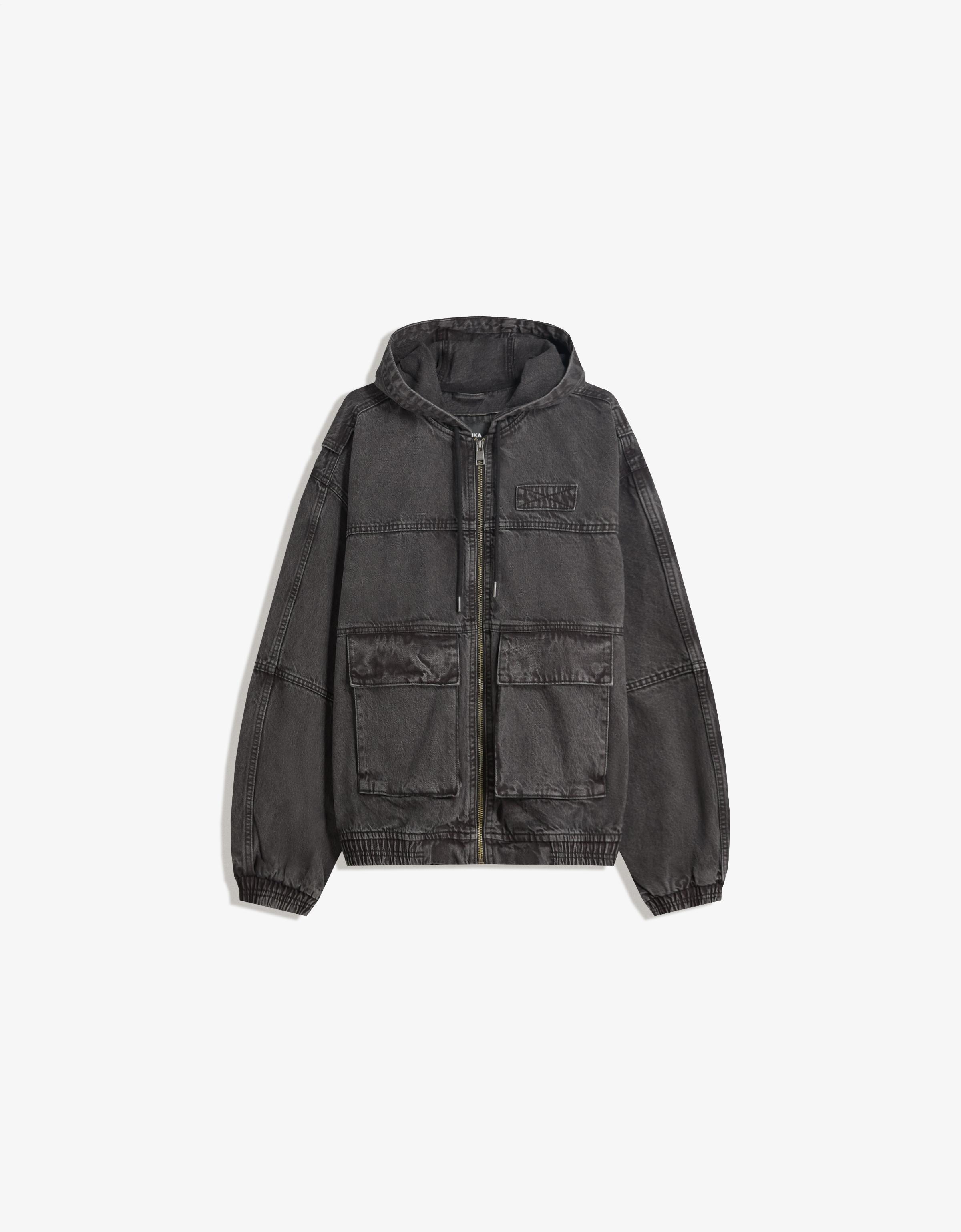 Bershka Jacke Mit Kapuze Im Used-Look Herren L Schwarz