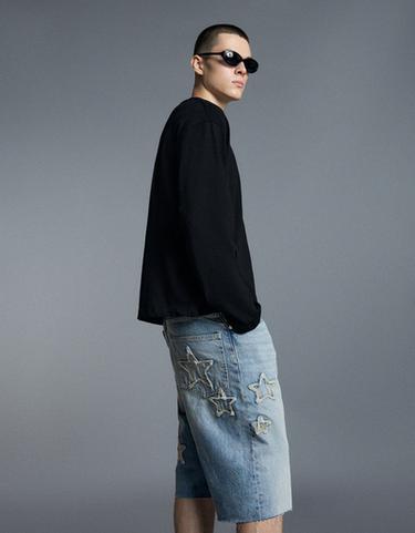 Baggy denim Bermuda shorts with star patches — Light blue 4