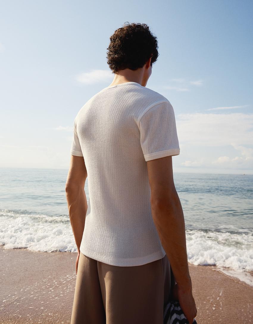 T-shirt texturé col tunisien-Blanc
