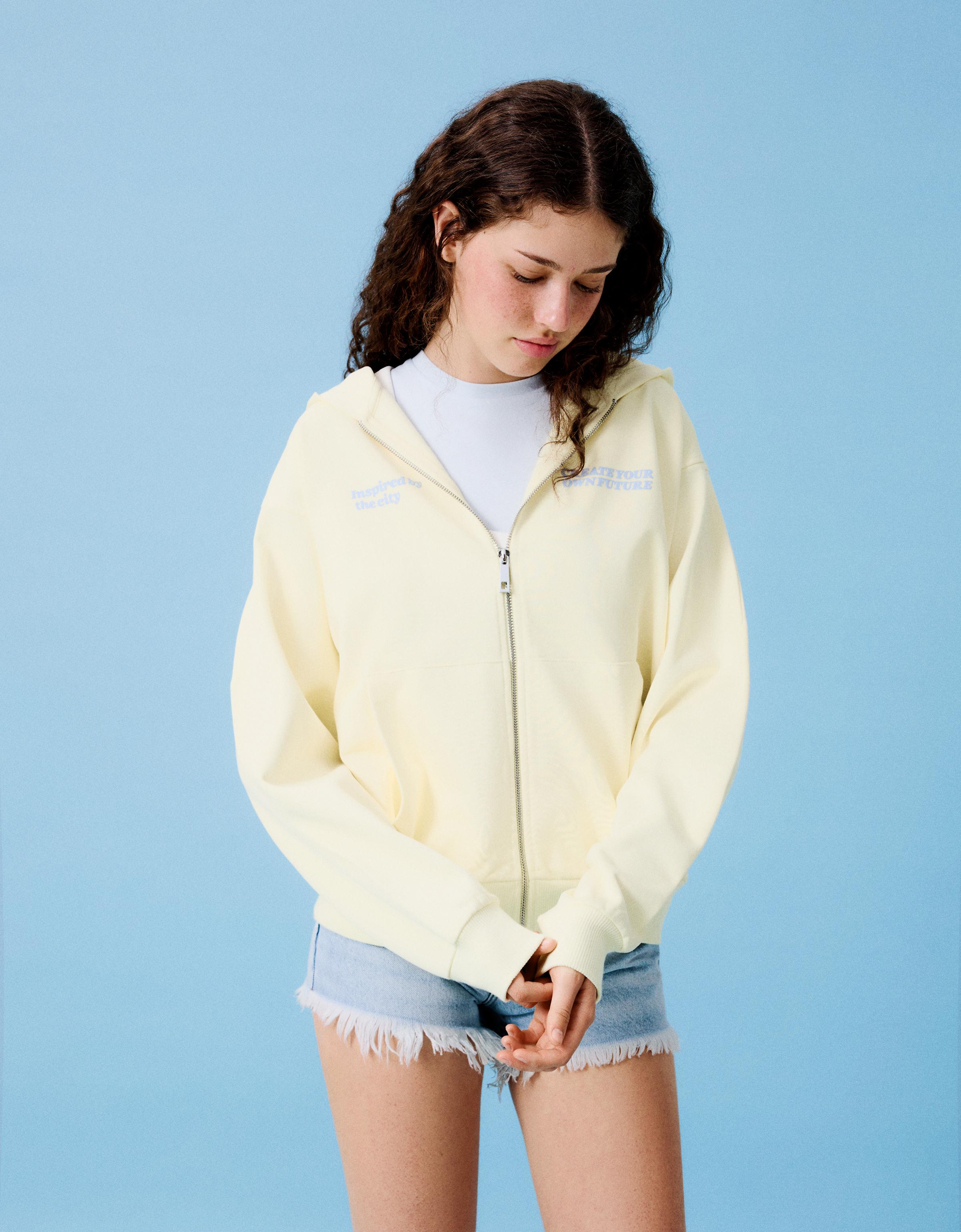 Oversize zip-up hoody with print — Yellow
