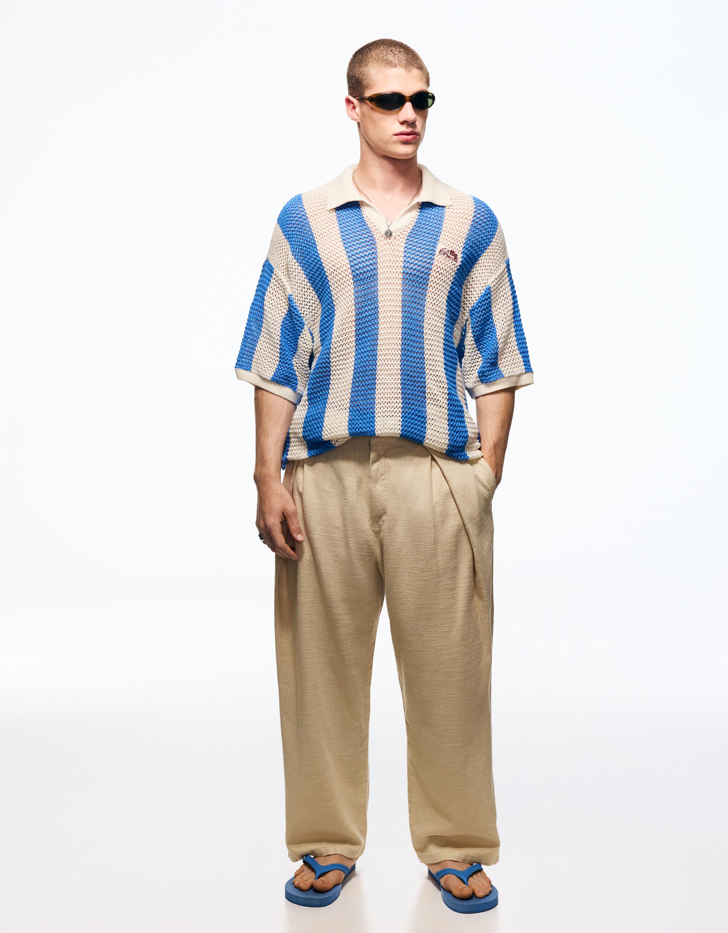 Short sleeve mesh stripe polo — Light blue