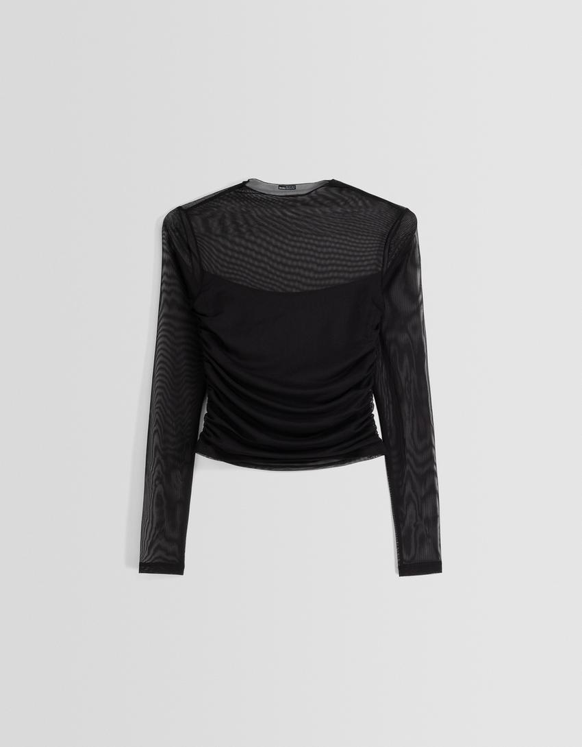 تيشرت تول بزمة وأكمام طويلة-أسود-4