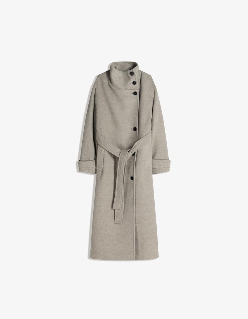 Cappotto lungo a collo alto-Sabbia