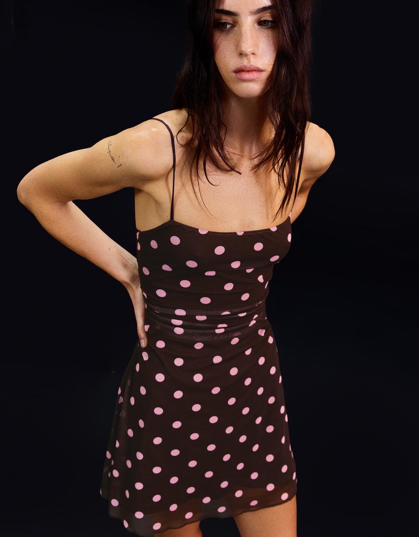 Strappy tulle mini dress-Brown